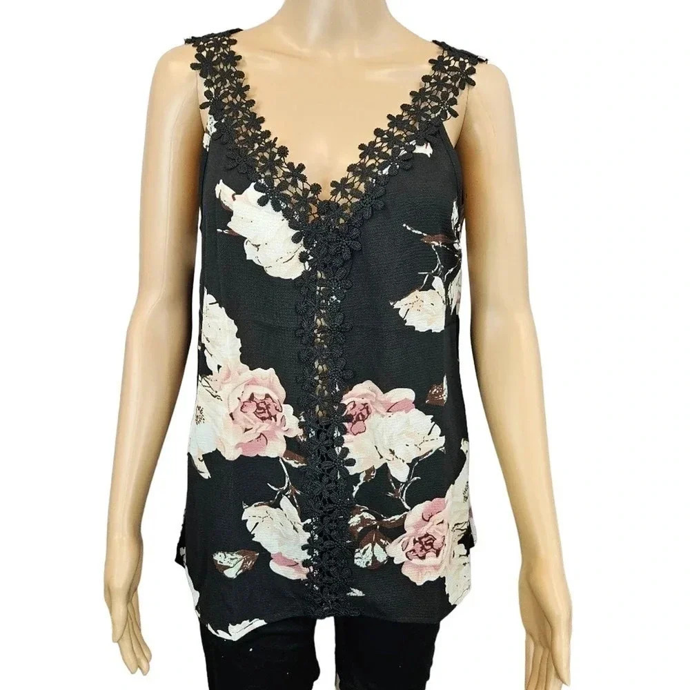 SHEIN Size L Black and Floral Tank Top with Lace Detail Straps and Plunge Neck